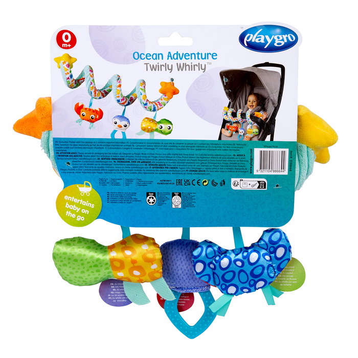 PLAYGRO Ocean Adventure Twirly Whirly 0188664 - Jeu d'éveil avec Cangrejo, Pingüino y Tortuga, accrochable, multilingue