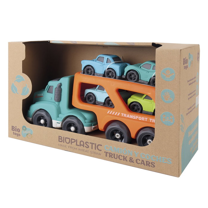 TACHAN Camion Porte-Voitures Écologique avec 5 Voitures - Jouet en Paille de Blé pour Enfants +18 Mois - Réf. T01045