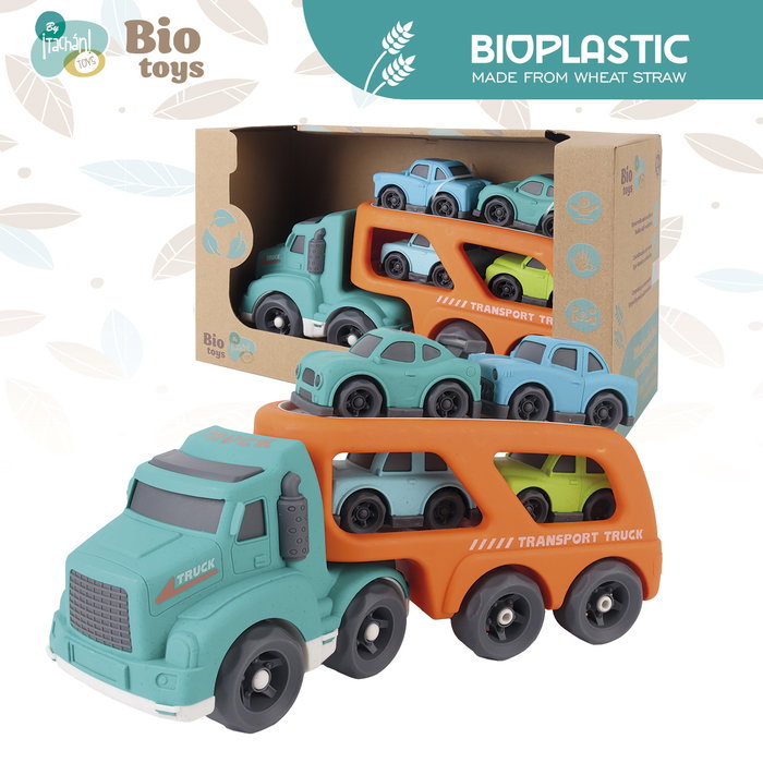 TACHAN Camion Porte-Voitures Écologique avec 5 Voitures - Jouet en Paille de Blé pour Enfants +18 Mois - Réf. T01045