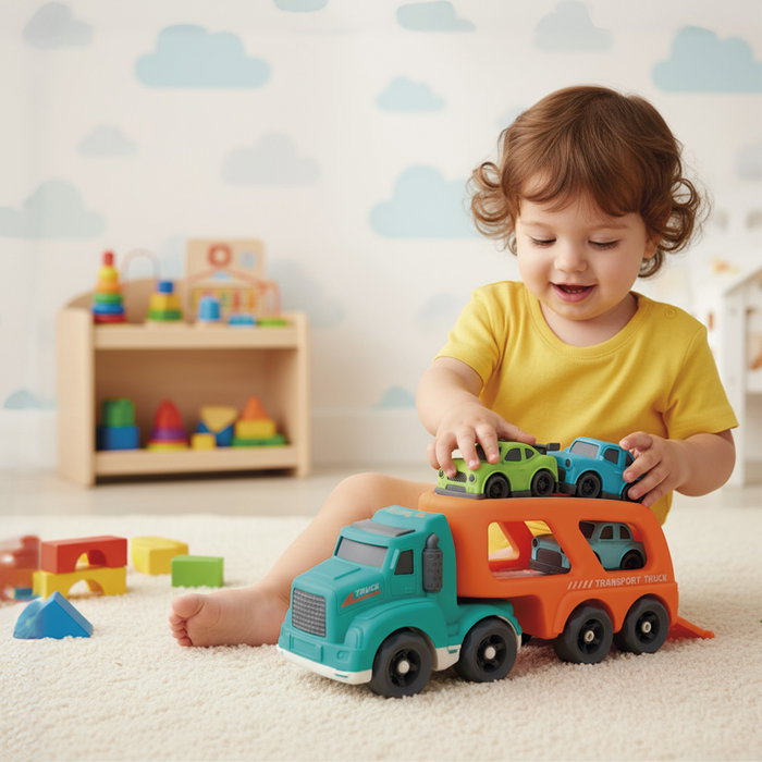 TACHAN Camion Porte-Voitures Écologique avec 5 Voitures - Jouet en Paille de Blé pour Enfants +18 Mois - Réf. T01045
