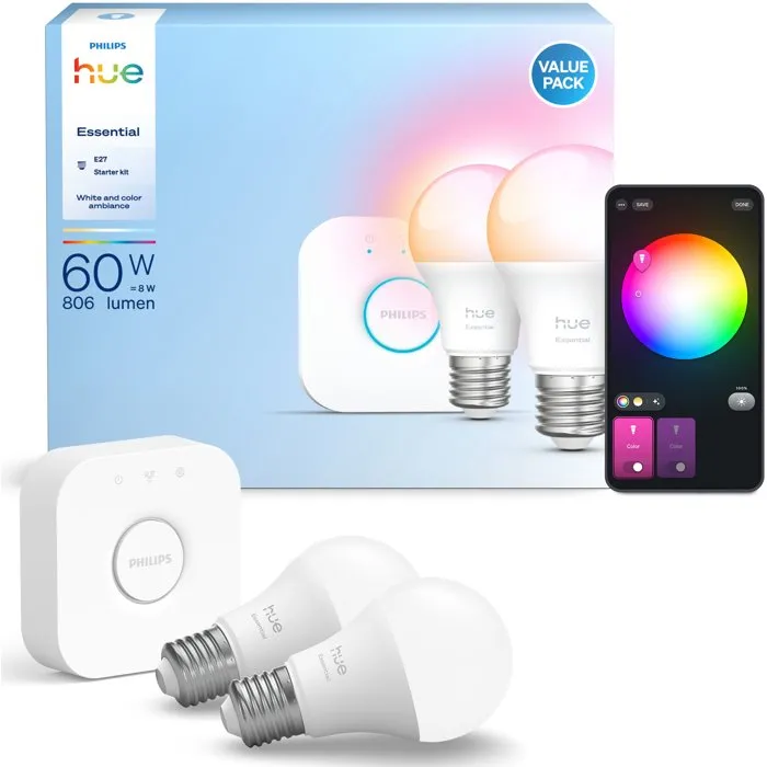 Philips Hue Kit de démarrage éclairage connecté - 1 Bridge, 2 ampoules A60 lumière blanche et couleur - Blanc réglable et millions de couleurs