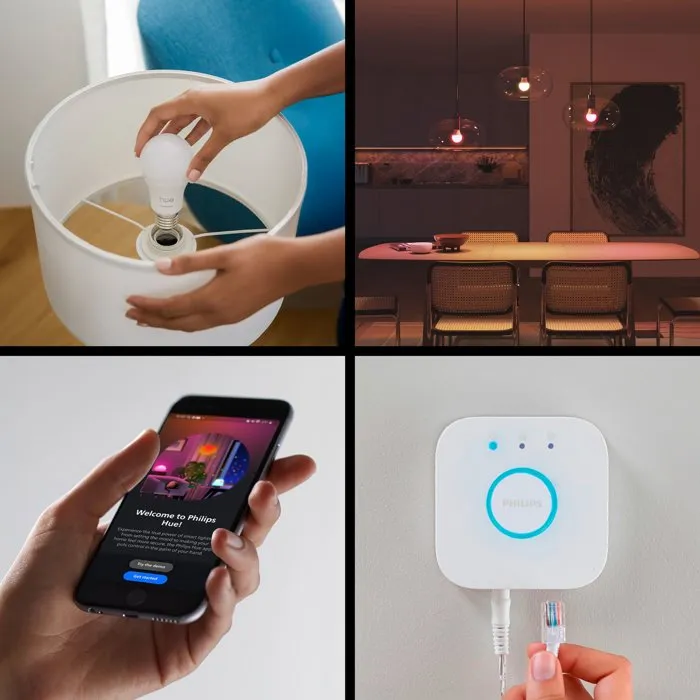 Philips Hue Kit de démarrage éclairage connecté - 1 Bridge, 2 ampoules A60 lumière blanche et couleur - Blanc réglable et millions de couleurs