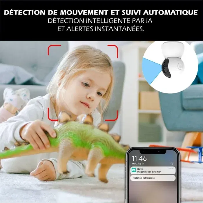 KYF - Caméra de surveillance intérieure rotative motorisée P/T filaire, 4MP Full HD avec sirène intégrée
