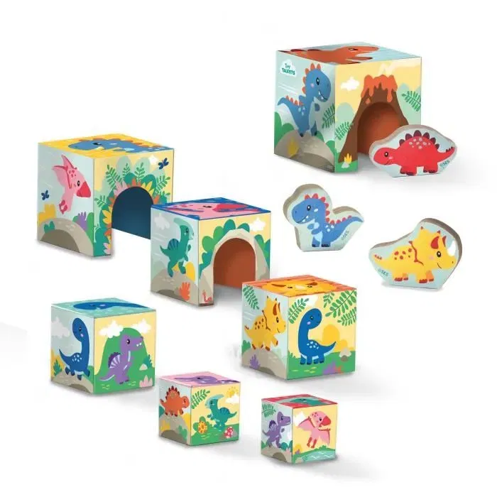 SES Creative Tour de Blocs à Empiler avec 3 Figurines de Dinosaures - Jeu d'Adresse et de Construction en Bois pour Enfants - Tour Empilable