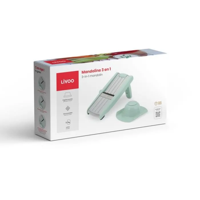 Livoo MEN429 Mandoline 3 en 1 - Lames en acier inoxydable - Épaisseur de coupe réglable 3 à 9 mm - Poignée amovible et poussoir sécurisé