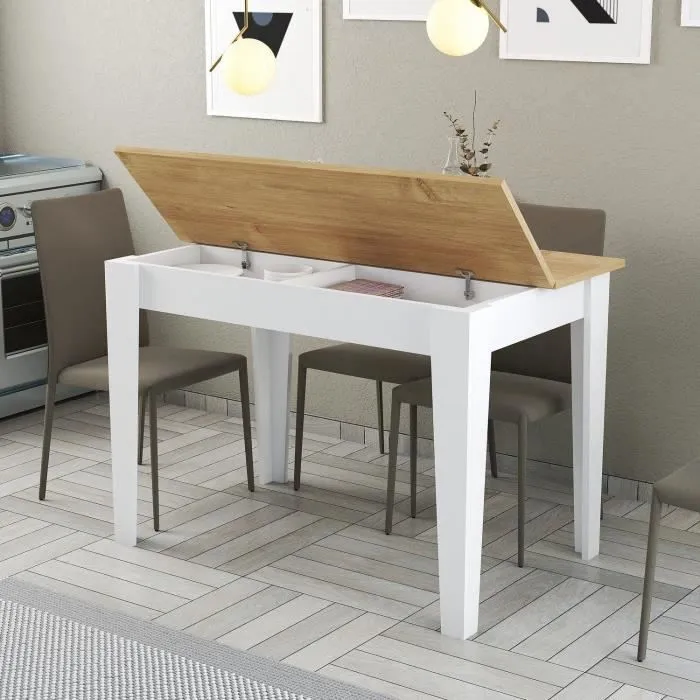 KIEVA Table de cuisine rectangulaire avec rangement, 110 x 75 x 72 cm - Blanc / Chene - 4/6 personnes - en Melamine 18 mm, design moderne et contemporain