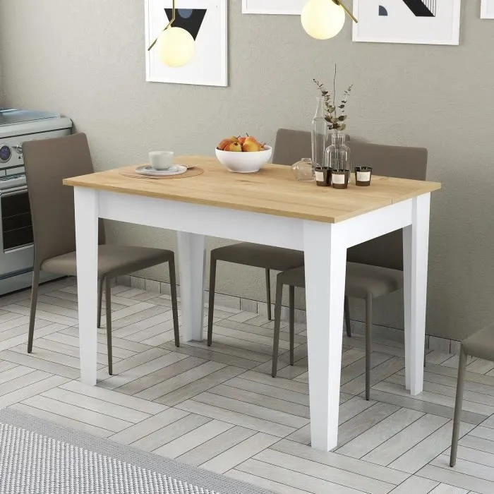 KIEVA Table de cuisine rectangulaire avec rangement, 110 x 75 x 72 cm - Blanc / Chene - 4/6 personnes - en Melamine 18 mm, design moderne et contemporain