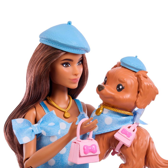 MATTEL Barbie Twinning Looks Latina avec chiot et accessoires bleus à pois