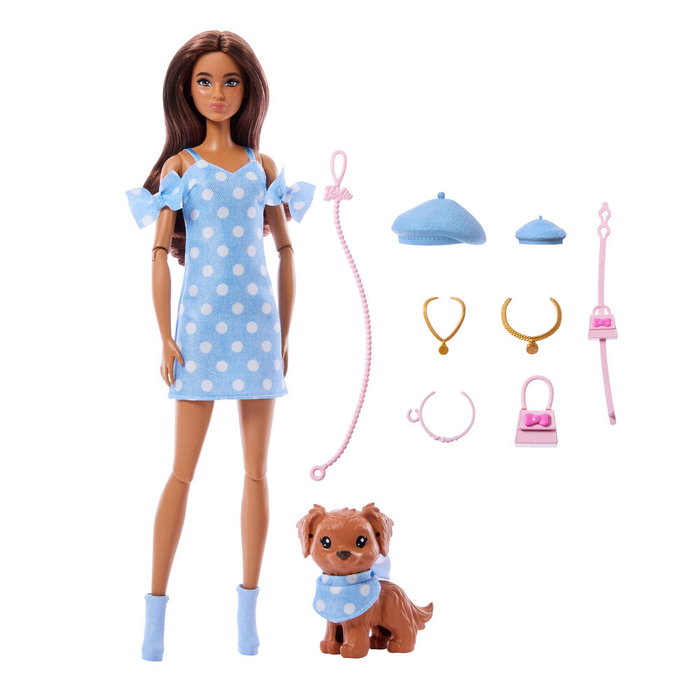 MATTEL Barbie Twinning Looks - Muñeca Latina avec son chiot et tenues assorties - Ensemble de poupée avec accessoires - Jeu pour enfants de 3 ans et plus