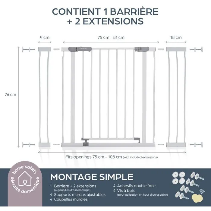 Dreambaby - Barrière de sécurité pour portes et escaliers, modèle Ava, montage par pression pour 75-108 cm, 76 cm hauteur avec fonction ouverture permanente