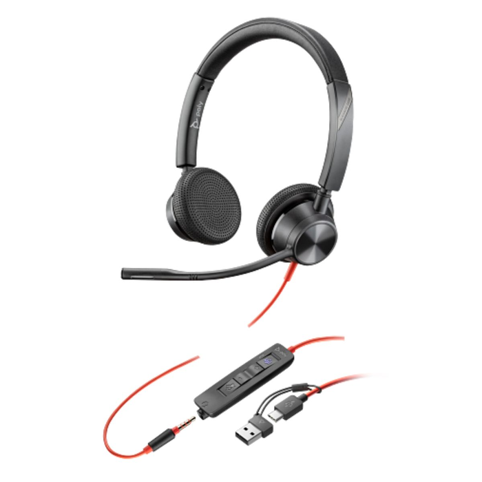 Poly Blackwire 3325 Casque stéréo USB-C, Jack 3,5 mm et Adaptateur USB-A, Certifié Microsoft Teams, Noir