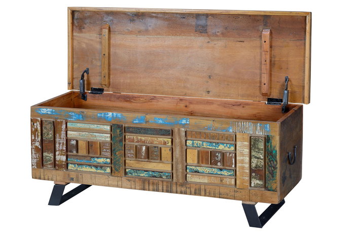 GINER Y COLOMER - Coffre en bois recyclé multicolore à ouverture supérieure et pieds en métal - Finition satinée, design géométrique - 116x47x40 cm