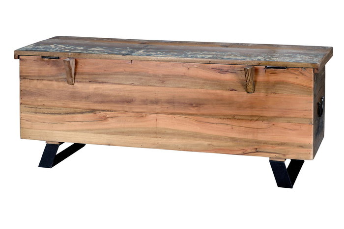GINER Y COLOMER - Coffre en bois recyclé multicolore à ouverture supérieure et pieds en métal - Finition satinée, design géométrique - 116x47x40 cm