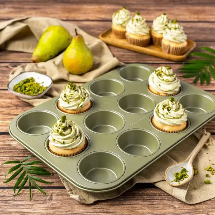 Zenker Moule à Muffins 12 Empreintes Inox + 40 Caissettes Papier Bio Green Vision - Antiadhésif Écologique pour Cupcakes et Petits Gâteaux