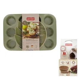 Zenker Moule à Muffins 12 Empreintes Inox + 40 Caissettes Papier Bio Green Vision - Antiadhésif Écologique pour Cupcakes et Petits Gâteaux