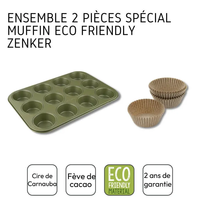 Zenker Moule à Muffins 12 Empreintes Inox + 40 Caissettes Papier Bio Green Vision - Antiadhésif Écologique pour Cupcakes et Petits Gâteaux
