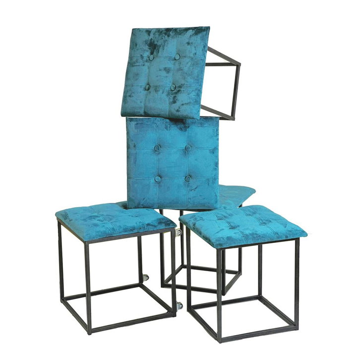 GO GIFT Jeu de tabourets Transformer Bleu Velours Acier 50 x 50 x 50 cm Pouf 5 en 1 5 Unités