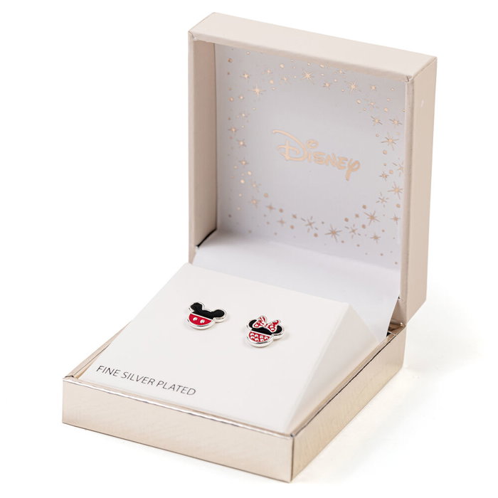 PEERS HARDY Pendientes Minnie Disney - Boucles d'oreilles laiton argenté avec émail, forme tête de Minnie avec noeud rouge à pois et Mickey avec short rouge