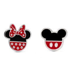 PEERS HARDY Pendientes Minnie Disney - Boucles d'oreilles laiton argenté avec émail, forme tête de Minnie avec noeud rouge à pois et Mickey avec short rouge