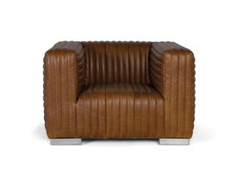GINER Y COLOMER - Fauteuil en cuir moderne, structure cubique avec pattes en acier inoxidable, dimensions 103x98x67 cm, couleur marron