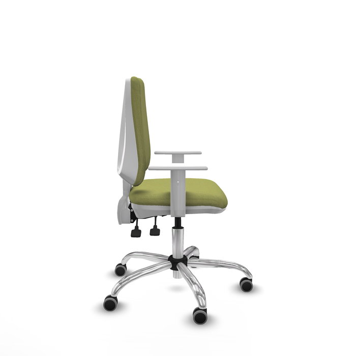Chaise Elche Asynchrone Tissu Vert olive Structure chromée Accoudoirs blancs Sans appui-tête Roulettes 65mm pour moquette