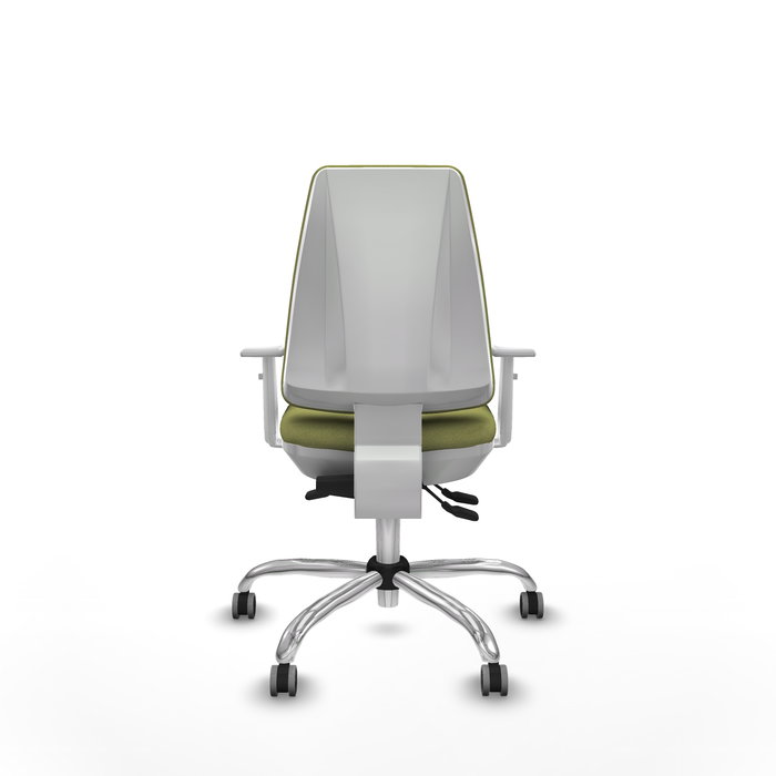 Chaise Elche Asynchrone Tissu Vert olive Structure chromée Accoudoirs blancs Sans appui-tête Roulettes 65mm pour moquette
