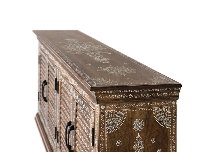 Buffet 4 portes en bois de manguier naturel, peint à la main - Artisanal