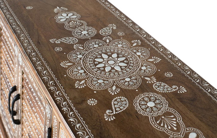 Buffet 4 portes en bois de manguier naturel, peint à la main - Artisanal