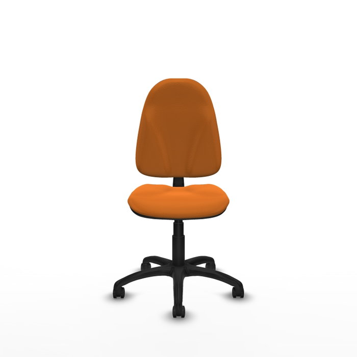 Chaise de bureau Algarra avec mécanisme de contact permanent de base, revêtue de similicuir orange. Équipée d'un piètement en polyamide noir, sans accoudoirs et de roulettes autobloquantes