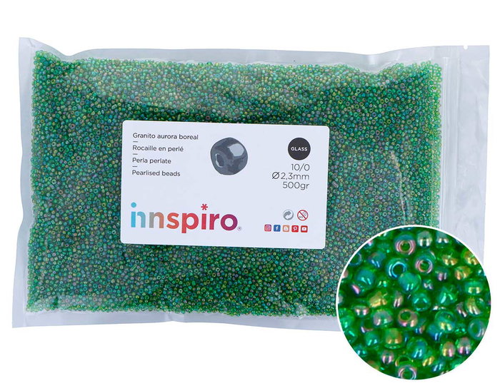Innspiro Rocaille de verre ronde aurora boreale verte 2,3 mm 500g Innspiro Rocaille de verre ronde aurora boreale verte 2,3 mm 500g