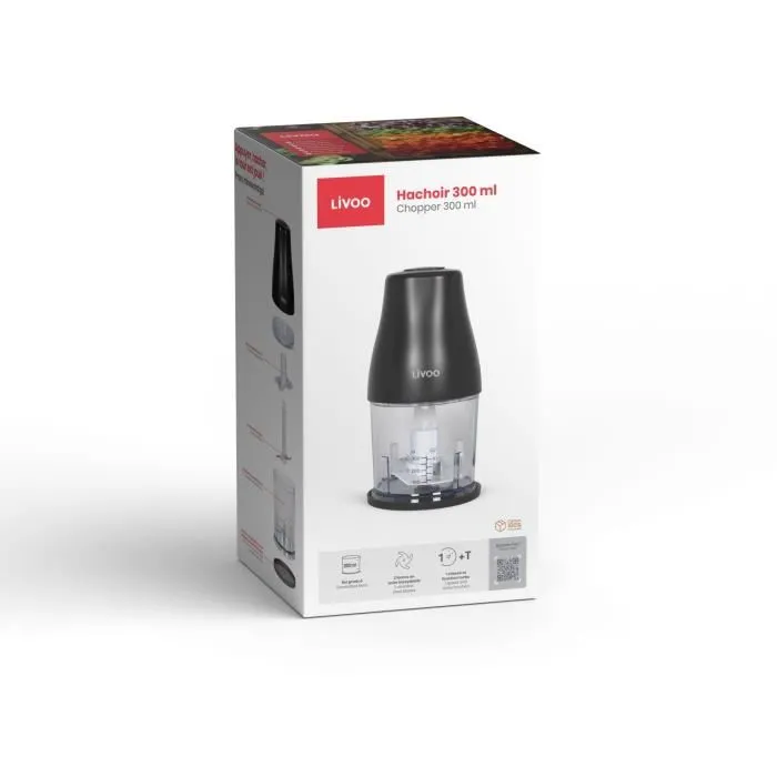 Livoo Hachoir 400 W avec fonction Turbo, bol gradué 300 ml et 2 lames en inox, Noir - Pour préparations rapides