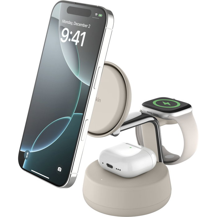 Belkin UltraCharge Pro Station de charge magnétique 3-en-1 Qi2 25W - Blanc Belkin UltraCharge Pro Station de charge magnétique 3-en-1 Qi2 25W - Blanc