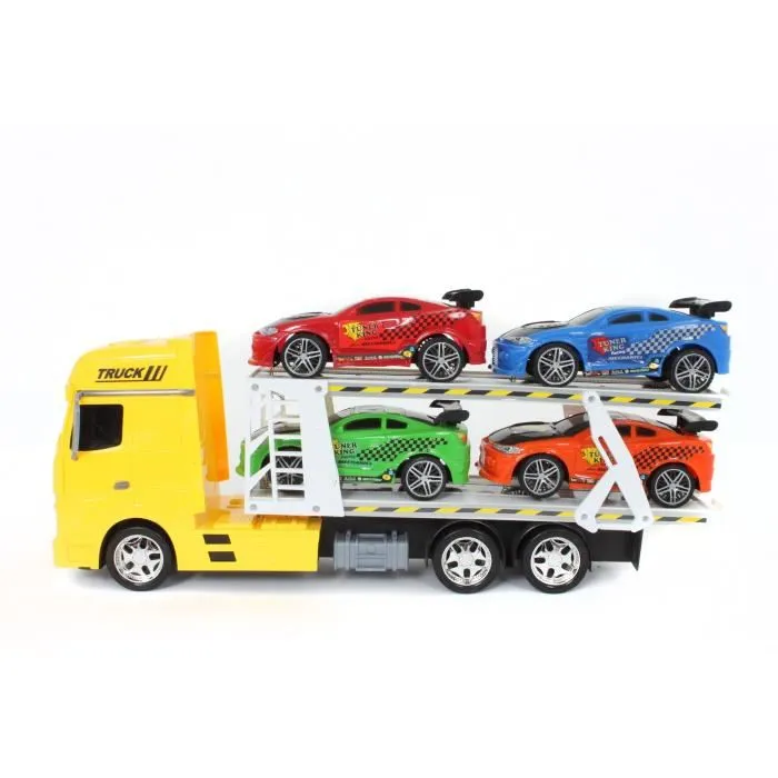 Turbo Challenge TURBO CHALLENGE Camion de Transport Véhicule d'Intervention Friction 1/24 avec 4 Voitures Sportives - Jouet Enfant Turbo Challenge TURBO CHALLENGE Camion de Transport Véhicule d'Intervention Friction 1/24 avec 4 Voitures Sportives - Jouet Enfant