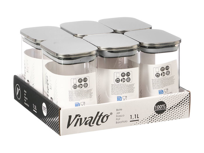 Vivalto Boîte Rectangulaire en Borosilicate 1,1L avec Couvercle en Acier, 12x14x8 cm (Set de 12)