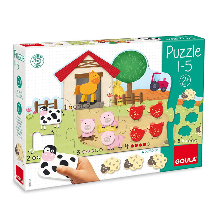 Goula Puzzle 1-5 53438 - Puzzle d'apprentissage pour compter de 1 à 5 avec 15 animaux en bois, grande taille carton, pour enfants à partir de 1 an