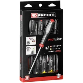 Facom AT.8PB Coffret de 8 tournevis Protwist avec rack (fente 3,5-8 mm, Phillips 0-2) pour bricolage - Gris