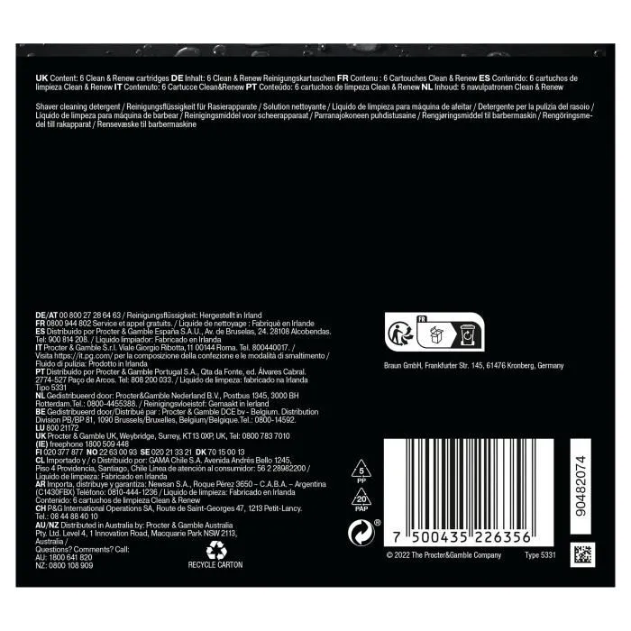 Braun CCR6 - Cartouche de nettoyage Clean & Renew recharge pour station SmartCare - Lot de 6 recharges