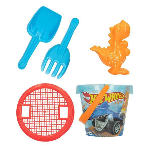 Hot Wheels Set de Plage avec Cubo, Pelle, Râteau, Tamis et 1 Moule - Modèles Assortis 14 cm, Color Baby