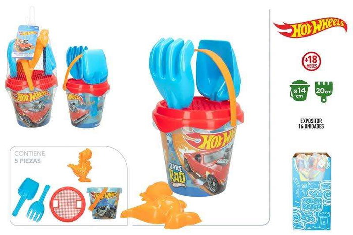 Hot Wheels Set de Plage avec Cubo, Pelle, Râteau, Tamis et 1 Moule - Modèles Assortis 14 cm, Color Baby