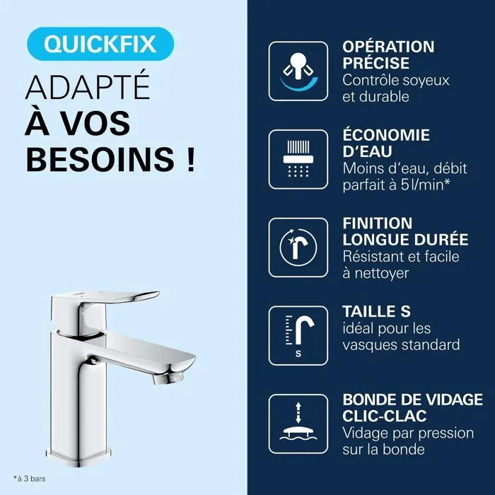 GROHE - Mitigeur de lavabo DICE Chrome Taille S - Clic-clac - Technologie SilkMove, débit limité, finition durable, 5 l/min GROHE - Mitigeur de lavabo DICE Chrome Taille S - Clic-clac - Technologie SilkMove, débit limité, finition durable, 5 l/min