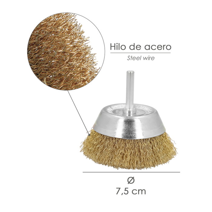 WOLFPACK LINEA PROFESIONAL Cepillo de tasse en acier laitonné Ø 100 mm, tige 1/4 par po WOLFPACK LINEA PROFESIONAL Cepillo de tasse en acier laitonné Ø 100 mm, tige 1/4 par po