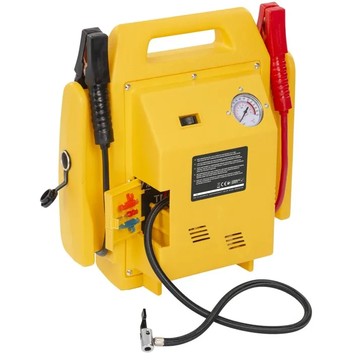 Powerplus POWX411 - Alimentation électrique portable 4-en-1 avec aide au démarrage, compresseur intégré et éclairage de secours pour voiture et moto - Câble 12 V DC inclus