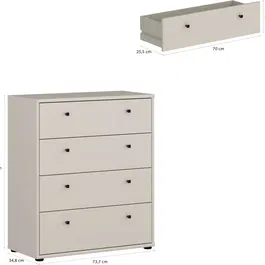TEMPRA Commode 4 tiroirs - Couleur Sable - Design sobre - L 73,7 x P 34,8 x H 85,5 cm - Organisation chambre salon