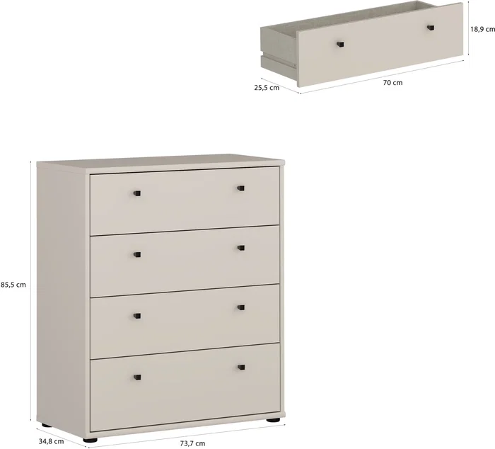 TEMPRA Commode 4 Tiroirs - Décor Cachemire, Dimensions (L x P x H): 73.7 x 34.8 x 85.5 cm, Design Moderne pour Chambre ou Salon