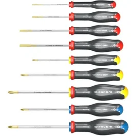 Facom AT.9PB Coffret de 9 Tournevis Protwist Standard, Gris - Fente, Phillips, Pozidriv (2.5x75mm à 5.5x100mm)