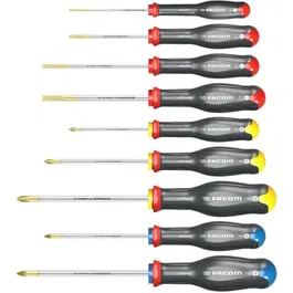 Facom AT.9PB Coffret de 9 Tournevis Protwist Standard, Gris - Fente, Phillips, Pozidriv (2.5x75mm à 5.5x100mm)