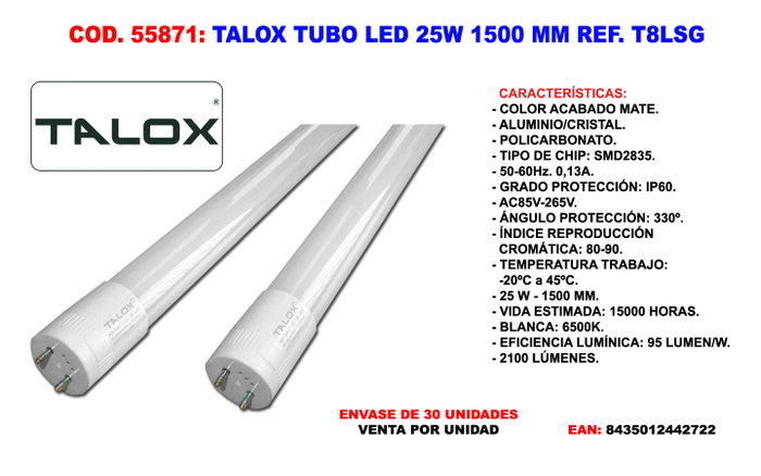 TALOX Tube fluorescent LED LSG-T8 25W 1500 mm 6500K TALOX Tube fluorescent LED LSG-T8 25W 1500 mm 6500K