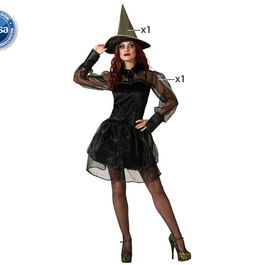 Déguisement de Sorcière Noire Femme Adulte, Robe Courte avec Manches Vaporeuses et Chapeau Pointu, Taille XS-S, pour Halloween et Fêtes