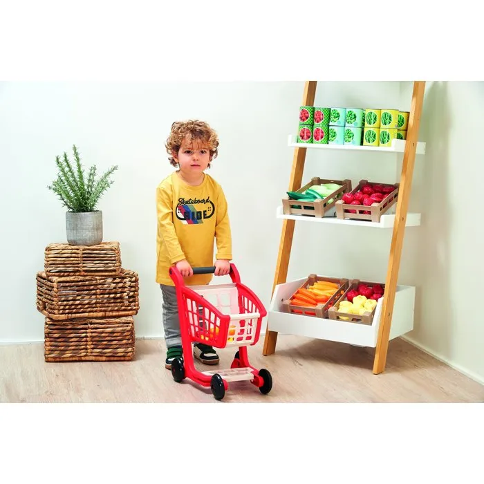 Ecoiffier - Chariot de supermarché avec caisse enregistreuse jouet - Ensemble fruits, légumes, pâtes, pâtisserie, argent pour enfant - Jouet éducatif fabrication France