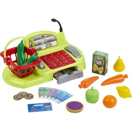 Ecoiffier - Chariot de supermarché avec caisse enregistreuse jouet - Ensemble fruits, légumes, pâtes, pâtisserie, argent pour enfant - Jouet éducatif fabrication France
